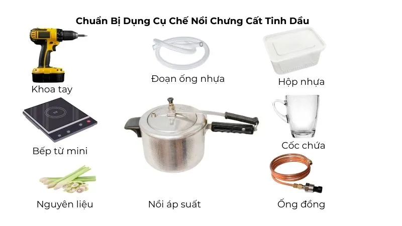 chuẩn bị dụng cụ tự chế nồi chưng cất tinh dầu