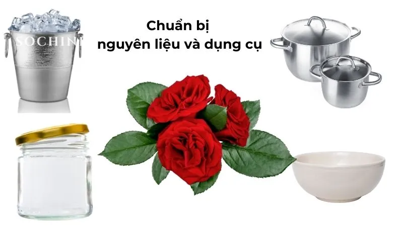 Nguyên liệu và dụng cụ làm tinh dầu hoa hồng